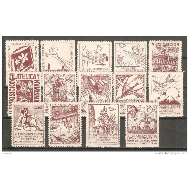 14 viñetas diferentes de exposicion de filatelia y numismatica de gracia 1954 14 viñetas diferentes de exposicion de filatelia y numismatica de gracia 1954