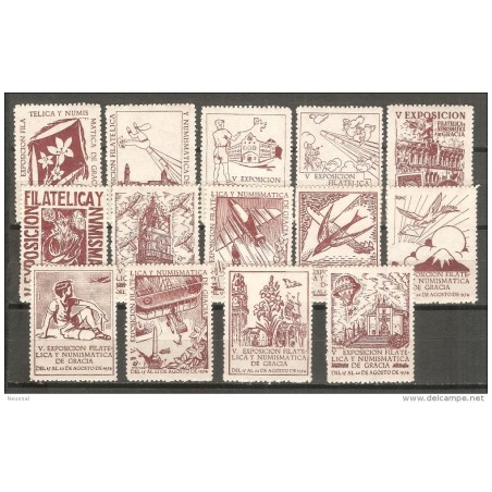 14 viñetas diferentes de exposicion de filatelia y numismatica de gracia 1954