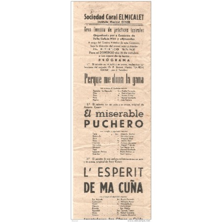 Programa antiguo de  sociedad coral el Micalet Valencia