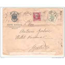 Carta con matasellos Sevilla de 1936 y sello patriotico y viñeta por detras matasellos melilla
