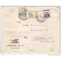 Carta con censura militar malaga con patriotico y viñetas publicidad larios