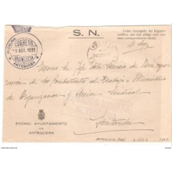 Carta  con censura militar de Antequera y matasellos de franquicia de antequera