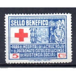Viñeta de lugo 5cts azul  sello benefico para el hospital  de la cruz roja