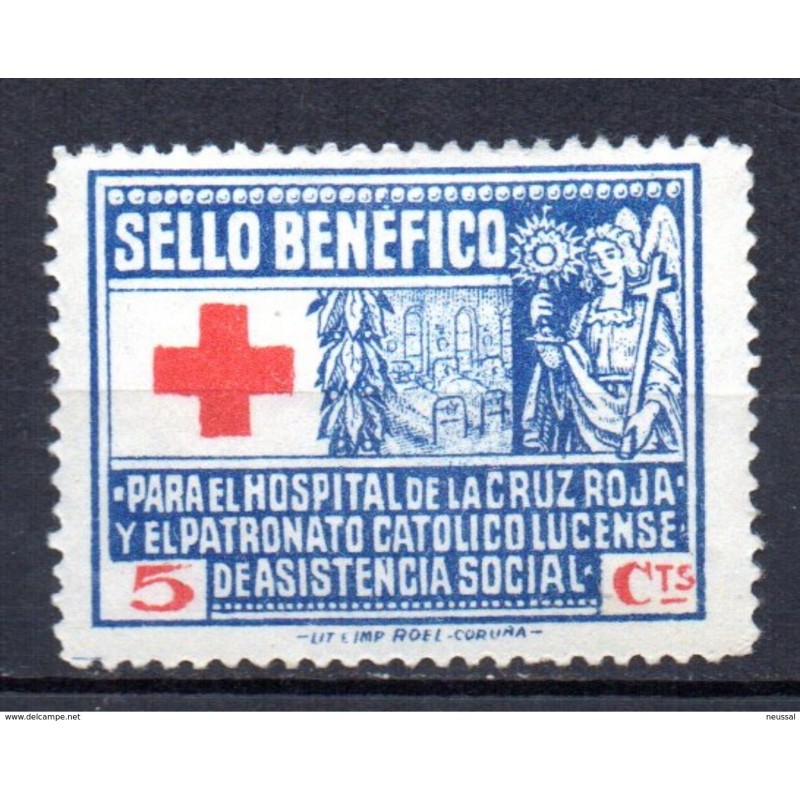 Viñeta de lugo 5cts azul sello benefico para el hospital de la cruz roja Viñeta de lugo 5cts azul sello benefico para el hospital de la cruz roja