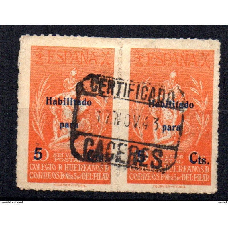 Pareja de viñetas colegio de huerfanos sobrecarga habilitado 5cts con matasellos caceres Pareja de viñetas colegio de huerfanos sobrecarga habilitado 5cts con matasellos caceres