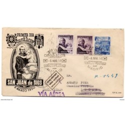 Carta con matasellos primer dia de circulacion y circulada y devuelta 1950 con sellos san juan de dios