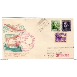 Carta con matasellos commemorativo rojo 30 años correo aereo barcelonamahon 1949 circulada