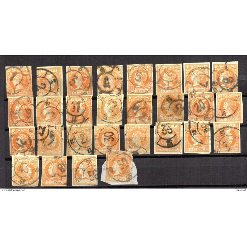 Ficha de 28 sellos del cuatro cuartos amarillo con matasellos de ruedas de carreta todas diferentes Ficha de 28 sellos del cuatro cuartos amarillo con matasellos de ruedas de carreta todas diferentes