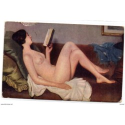 Postal de chica posando tumbada en sofa cuadro de GHERVE