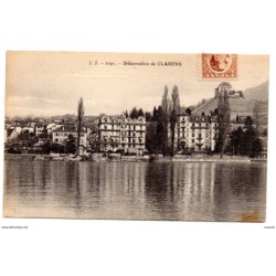 Tarjeta postal de debarcadere de Clarens con publicidad de laboratorios brandt