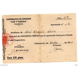 Recibo de cooperativa de consumo luz y fuerza de 1937