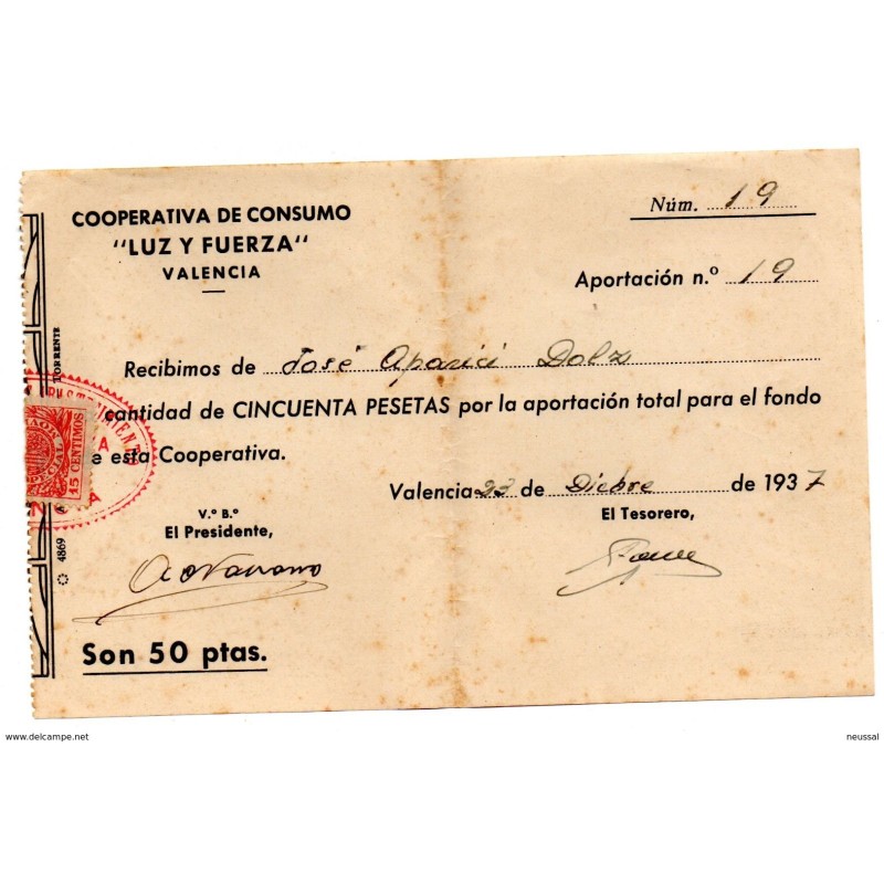 Recibo de cooperativa de consumo luz y fuerza de 1937 Recibo de cooperativa de consumo luz y fuerza de 1937