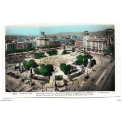 Tarjeta postal de barcelona plaza de cataluña y bancos de bilbao y español de credito