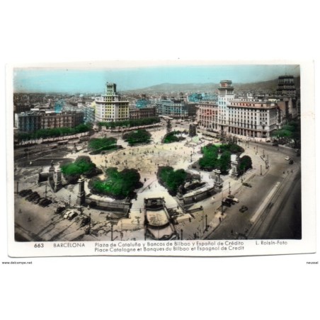Tarjeta postal de barcelona plaza de cataluña y bancos de bilbao y español de credito