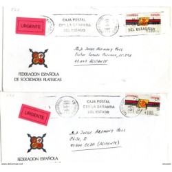 2 cartas con etiquetas matasellos en rodillo el ferrol  y urgentes