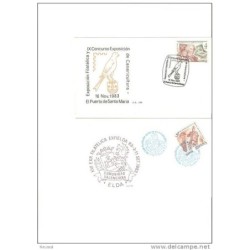 Tarjeta con cuño exposcion filatelica exfielda con cuño azul y concurso de canaricultura