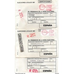3 carta certificada con matasellos rojo diferentes  1987