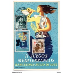Tarjeta juegos del mediterraneo con viñeta de 1955