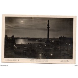 Tarjeta postal barcelona de noche puerto y monumento a colon circulada 1929