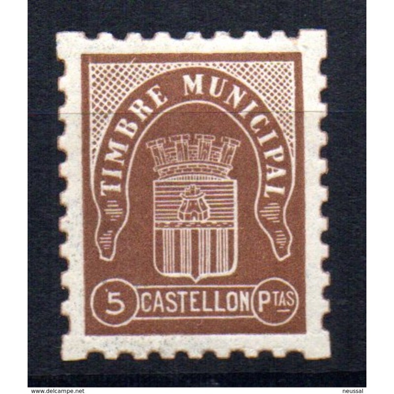 Viñeta de timbre municipal castellon de 5 pesetas marron