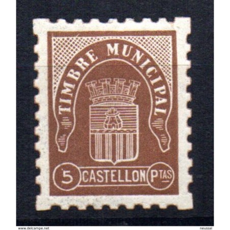Viñeta de timbre municipal castellon de 5 pesetas marron