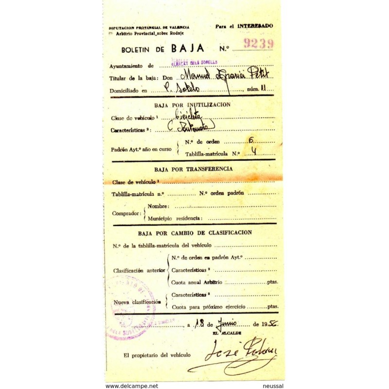 Papel da arbitrio provincial sobre rodaje de 1956 albalat de sorells Papel da arbitrio provincial sobre rodaje de 1956 albalat de sorells