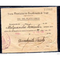 Papel de junta provincial de beneficiencia de lugo  dia plato unico de 1938