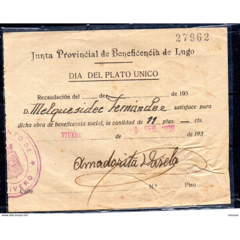 Papel de junta provincial de beneficiencia de lugo dia plato unico de 1938 Papel de junta provincial de beneficiencia de lugo dia plato unico de 1938