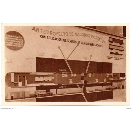 Tarjeta postal de anteproyecto de vagones postales circulada de 1949