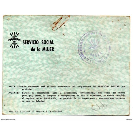 Tarjeta de servicio social de la mujer de 1968