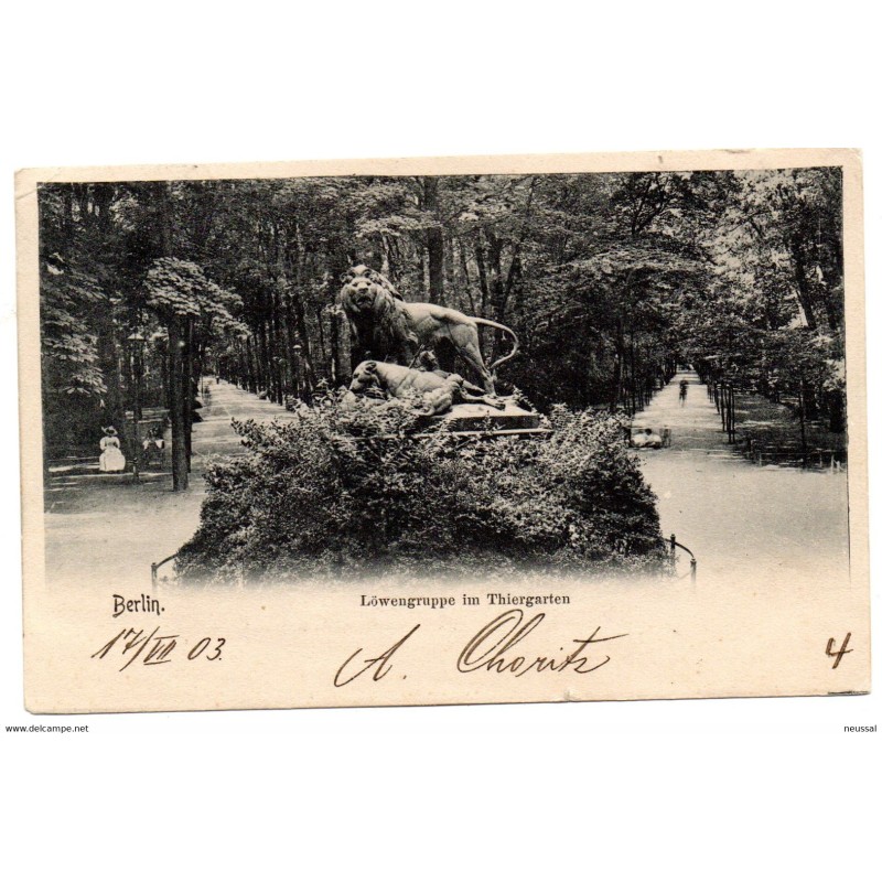 Tarjeta postal de berlin lowengruppe im thiergarten circulada de 1903 Tarjeta postal de berlin lowengruppe im thiergarten circulada de 1903