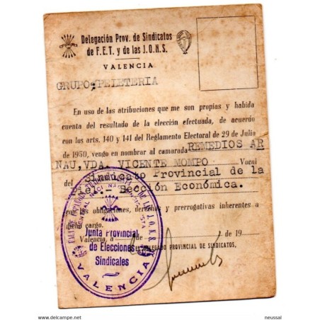 Tarjeta de delegacion provincial de sindicatos de FET y de las Jons