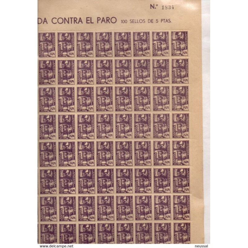 Pliego completo de 100 sellos cruzada contra el paro mallorca 5 ptas Pliego completo de 100 sellos cruzada contra el paro mallorca 5 ptas