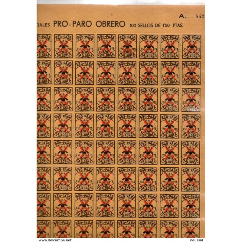 Pliego completo de 100 sellos pro paro obrero mallorca 15 ptas Pliego completo de 100 sellos pro paro obrero mallorca 15 ptas