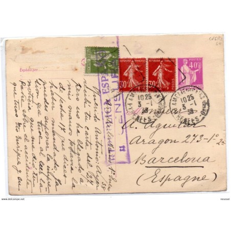 Entero postal de francia circulado con censura republicana de 1938