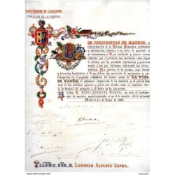 Tarjeta tamaño folio pintado a mano de comision de prensa de 1881