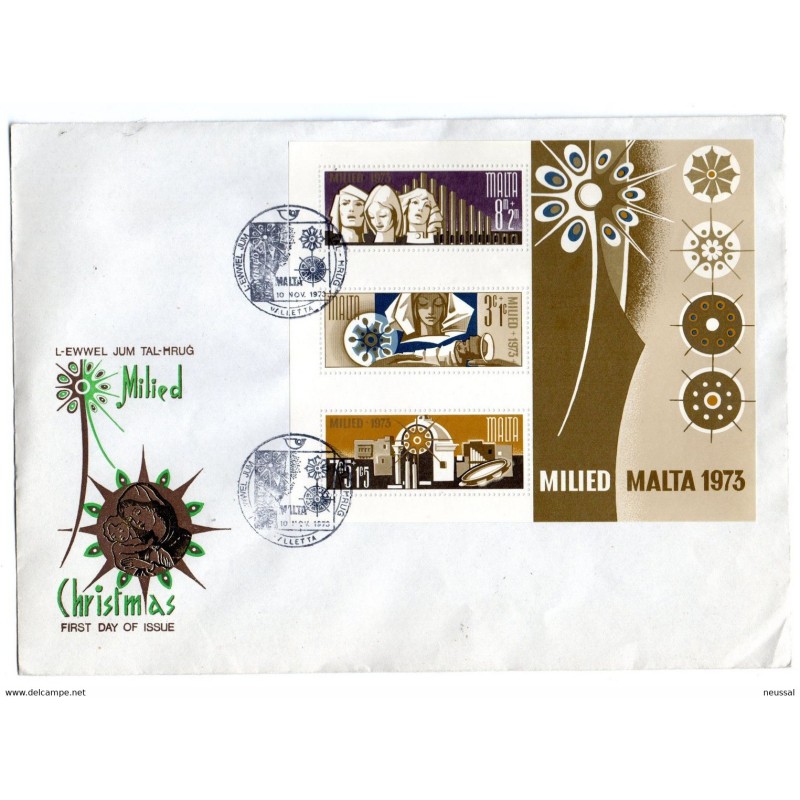 Sobre de primer dia de malta de 1973 Navidad Sobre de primer dia de malta de 1973 Navidad