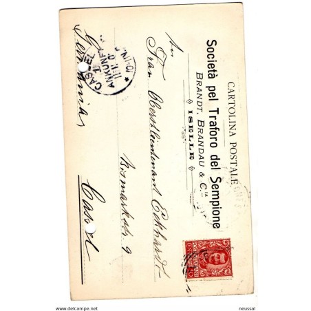 Tarjeta postal  circulada  societa pel traforo del sempione