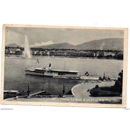 Postal  Geneve La rade le jet deau et le montblanc