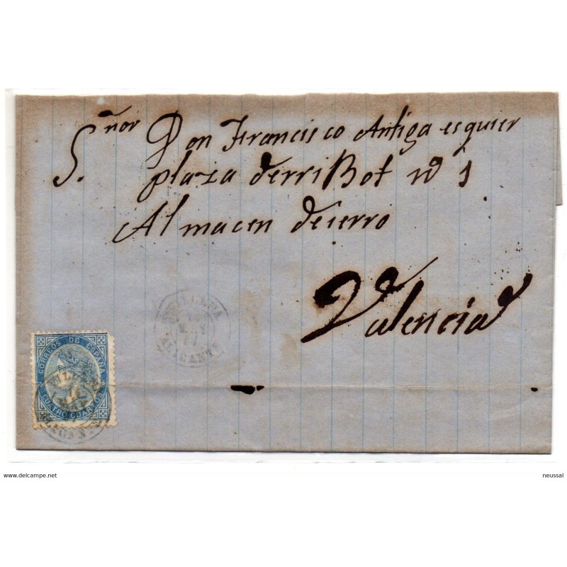 Carta circulada de Villena a Valencia con un 4 cuartos de 1867 Carta circulada de Villena a Valencia con un 4 cuartos de 1867