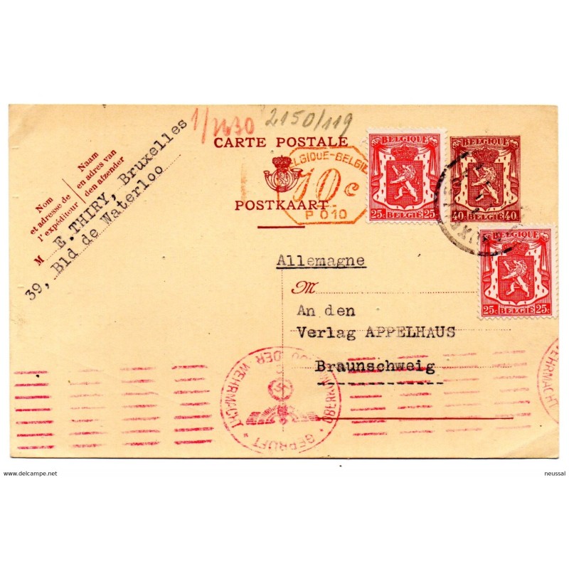 Entero postal circulado de belgica de 1942