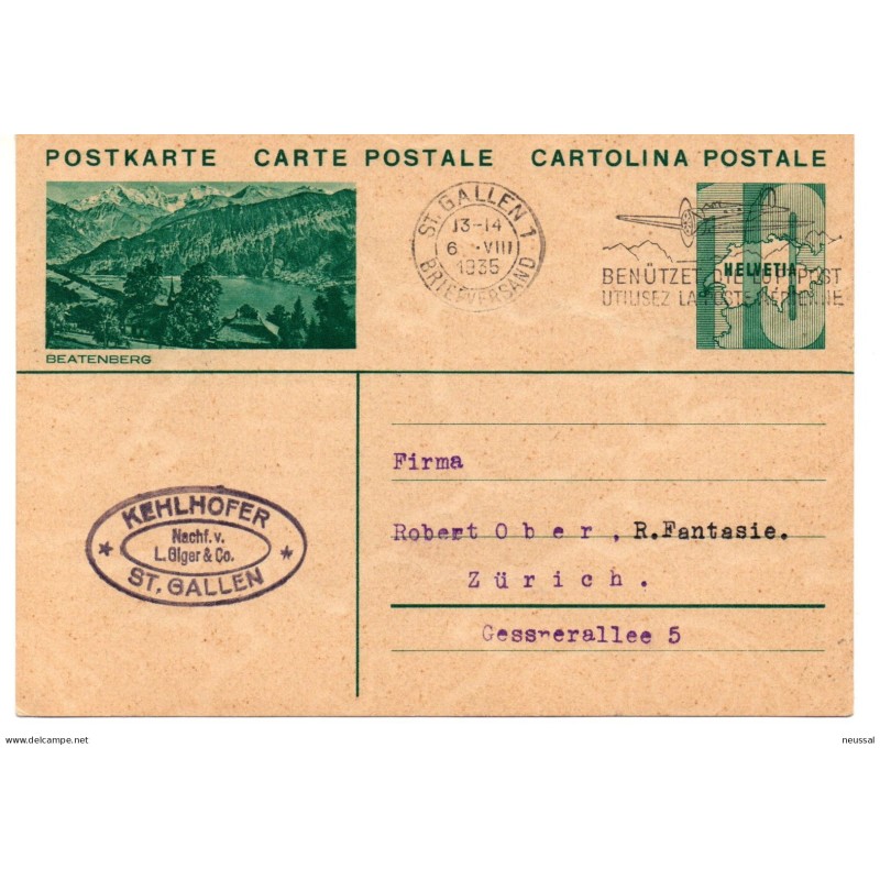 Entero postal de Suiza circulada 1935 Entero postal de Suiza circulada 1935