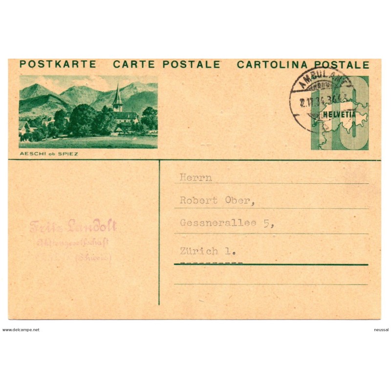 Entero postal de Suiza circulada 1934 Entero postal de Suiza circulada 1934