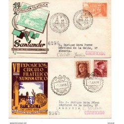 2 SobresVII Exposición del Circulo Filatélico y numismático Barcelona 1953 y 1 Exposición Filatélica Santander 1953