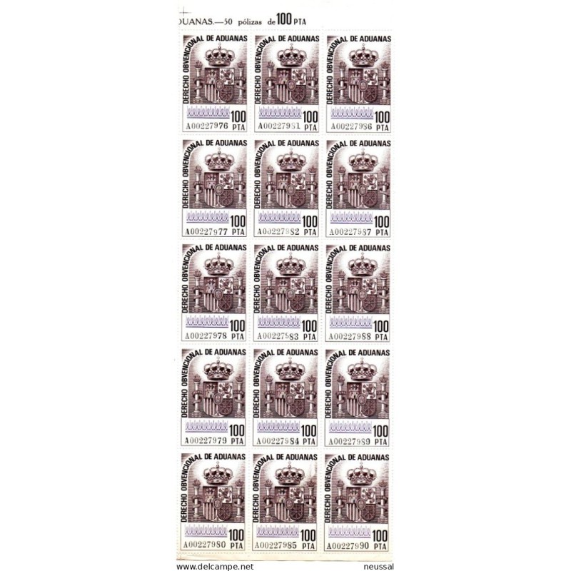 Conjunto de 15 sellos de derecho obvencional de aduanas de 100pts Conjunto de 15 sellos de derecho obvencional de aduanas de 100pts