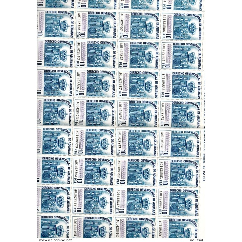 Pliego completo de 50 sellos de derecho obvencional de aduanas de 10 pts Pliego completo de 50 sellos de derecho obvencional de aduanas de 10 pts