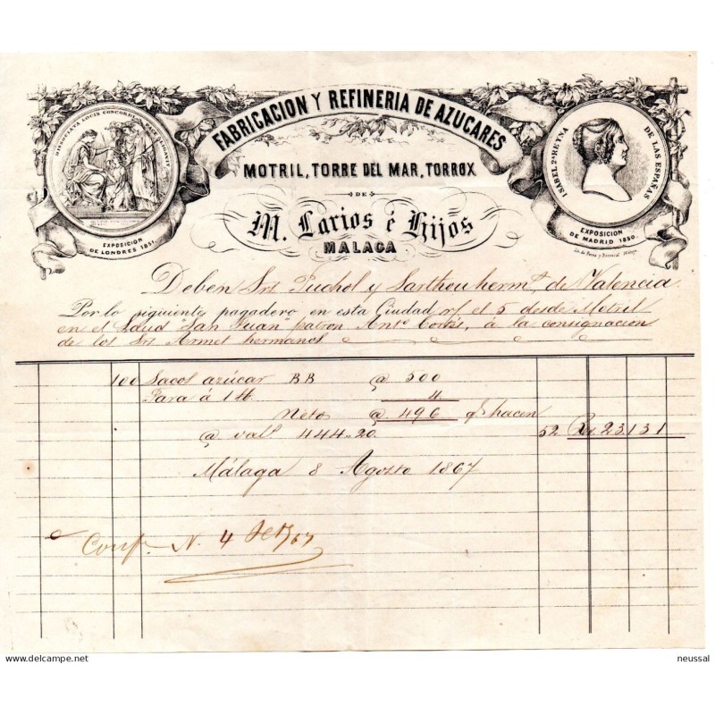Papel de fabrica y refineria de azucares Motril de 1867 Papel de fabrica y refineria de azucares Motril de 1867