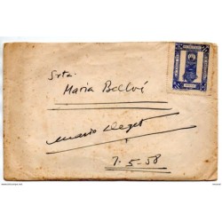 Carta  con  viñeta de barcelona y en su interior tarjeton de boda de 1958