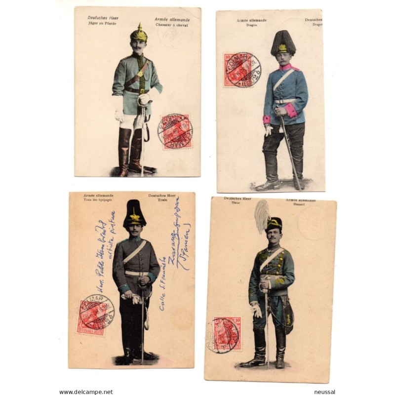6 tarjetas postales circuladas de 1908 uniformes militares 6 tarjetas postales circuladas de 1908 uniformes militares
