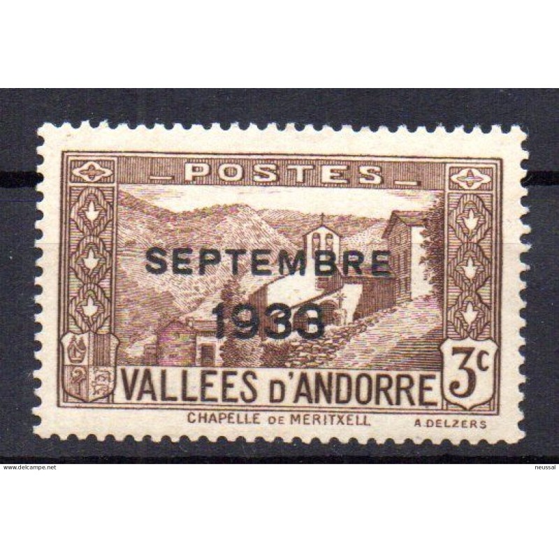 Sello de Andorra con sobrecarga sin Elections solo setembre 1933 con marquilla Sello de Andorra con sobrecarga sin Elections solo setembre 1933 con marquilla